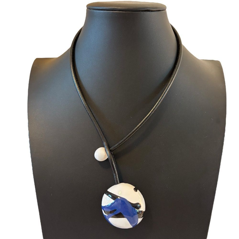 White, Black & Blue Sleek Ultra Modern Pendant Necklace on Black Rubber Cord